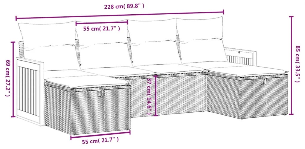 6 pcs conjunto sofás de jardim c/ almofadões vime PE preto