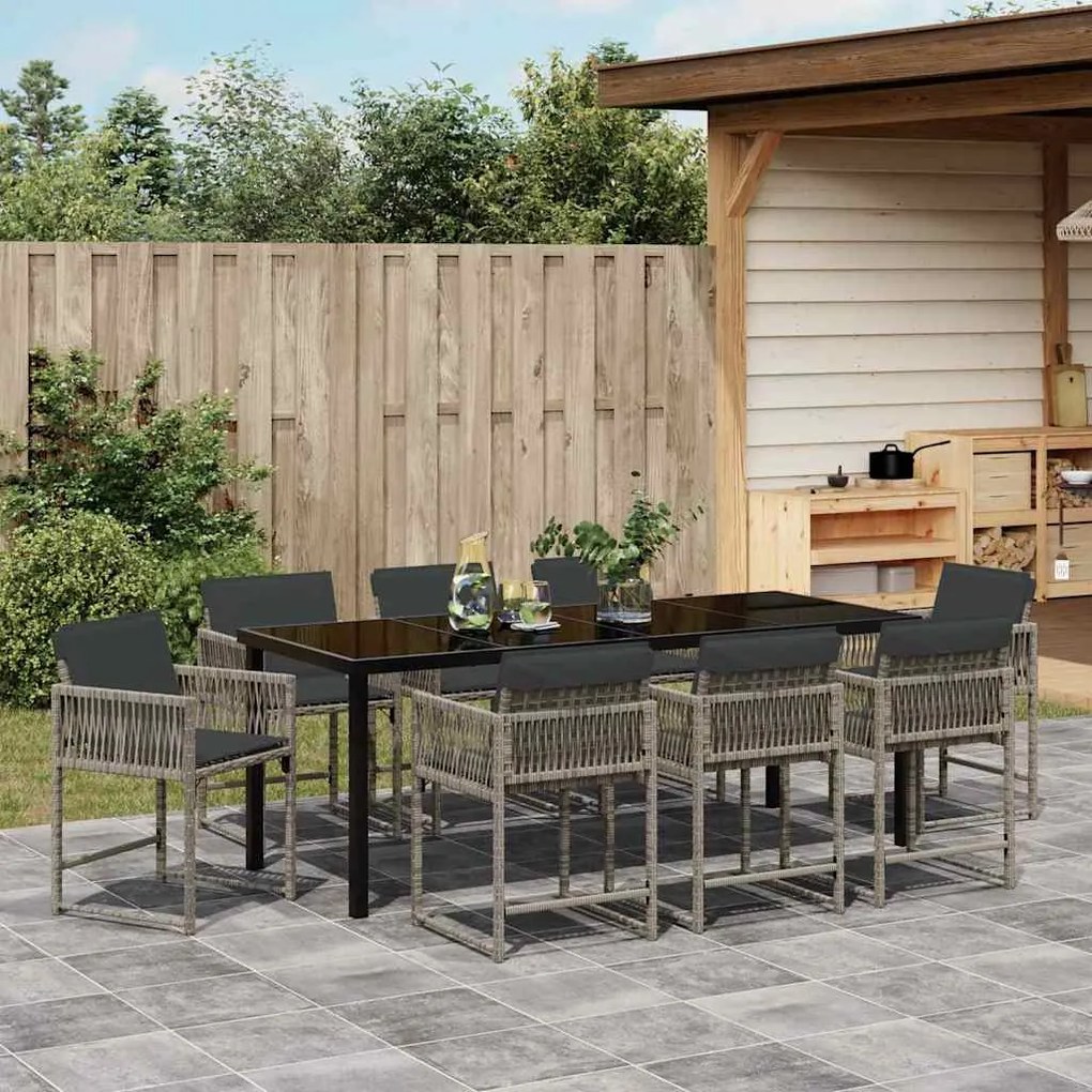 Conjunto de Jantar de Jardim com Almofadas 9 Peças Cinza Rattan Poly