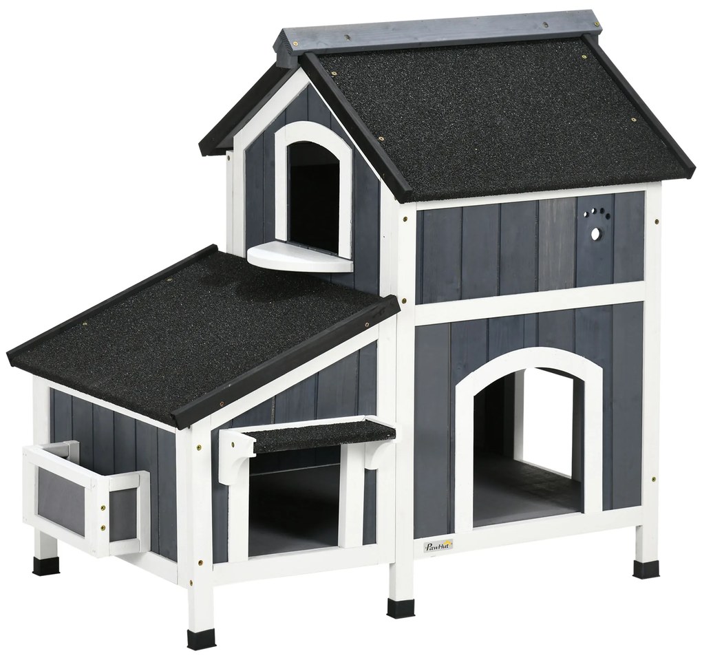 PawHut Casa para Gatos de Madeira com Suporte para Flores 96x65x85,5 cm Casa para Gatos de 2 Níveis com Teto Asfáltico Janela e Múltiplas Entradas Cinza