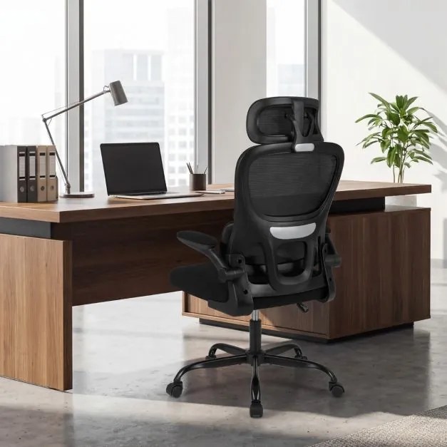 Cadeira escritório ergonómica com rodas, encosto alto em malha, apoio lombar e apoio de cabeça ajustáveis, apoios de braços rebatíveis, assento em esp