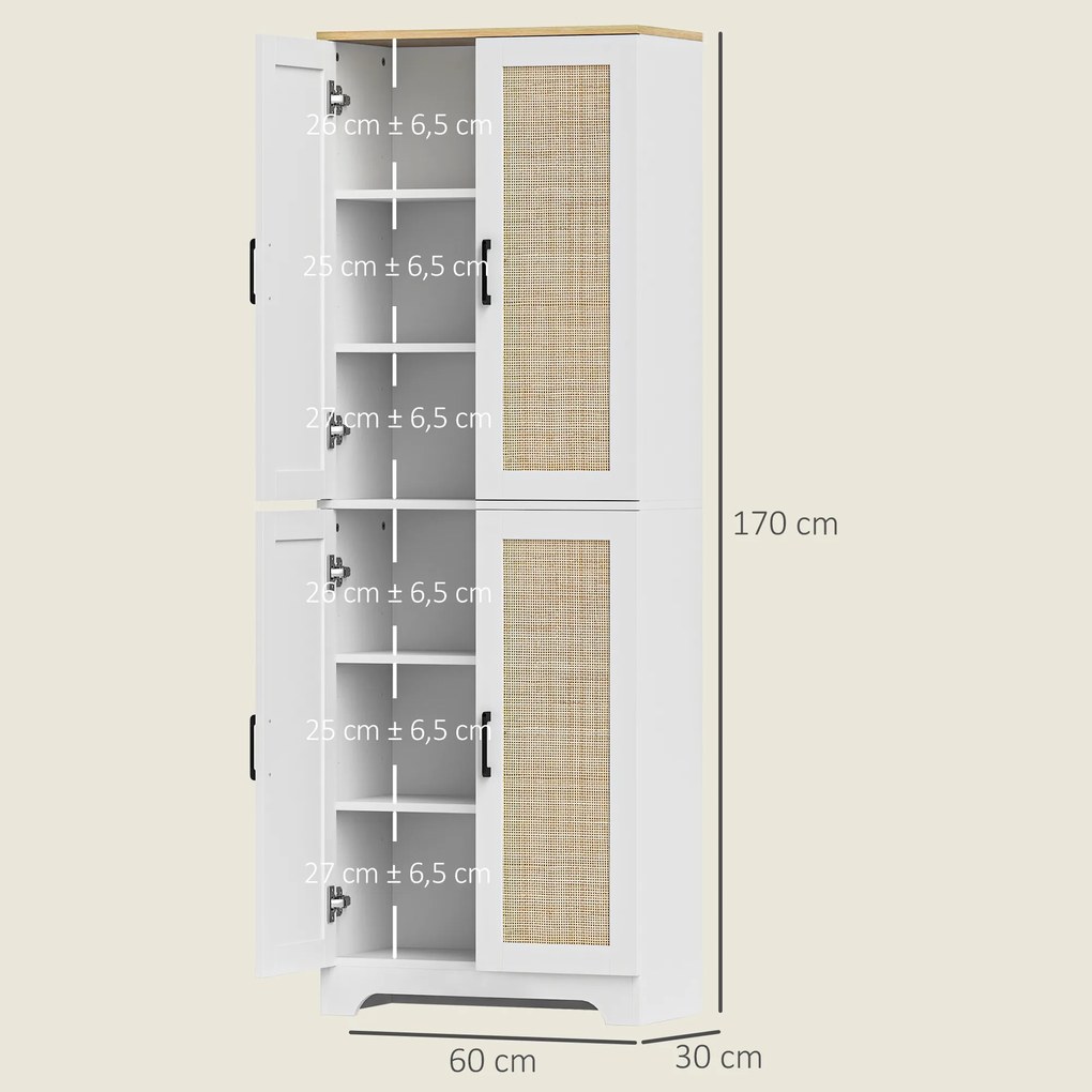 Armário de Cozinha com Prateleiras Ajustáveis Portas em Vime e Sistema Anti-Tombo 60x30x170 com Branco