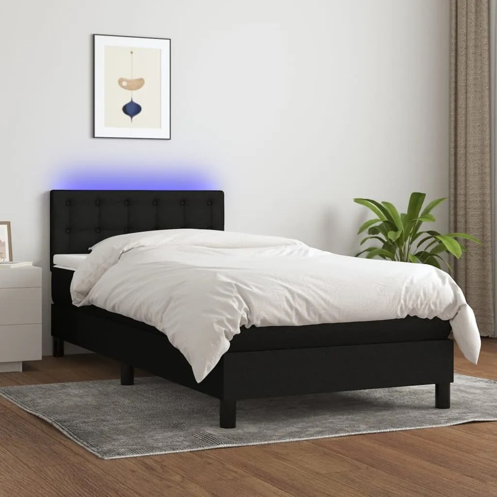 Cama box spring c/ colchão e LED 90x190 cm tecido preto