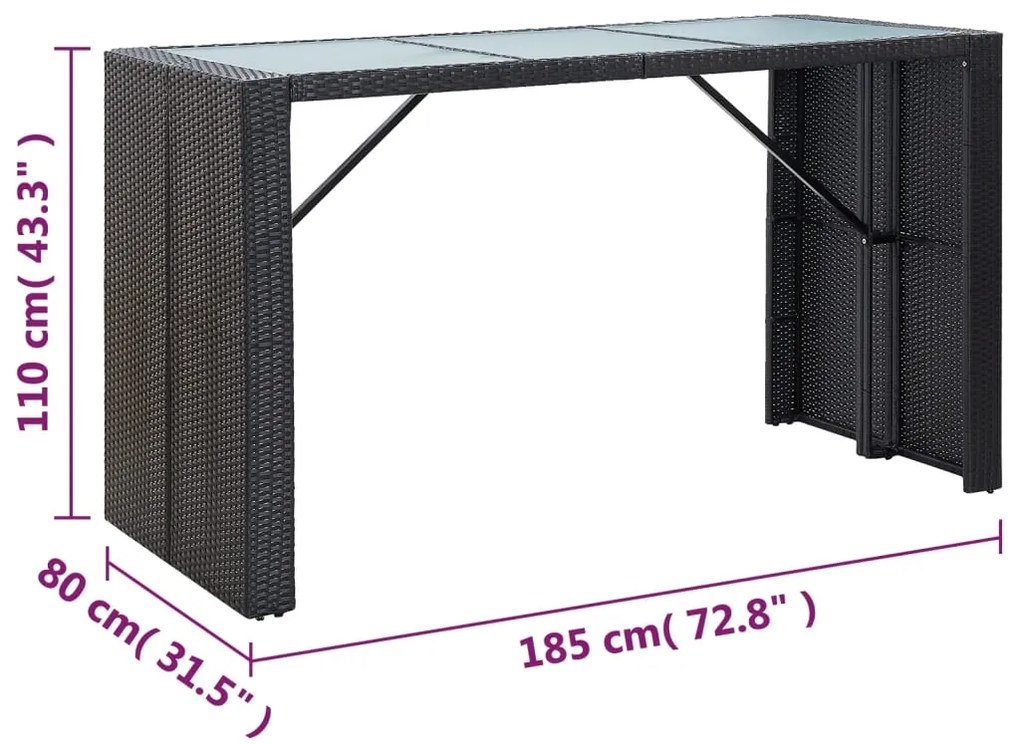 7 pcs conjunto bar para jardim c/ almofadões vime PE preto