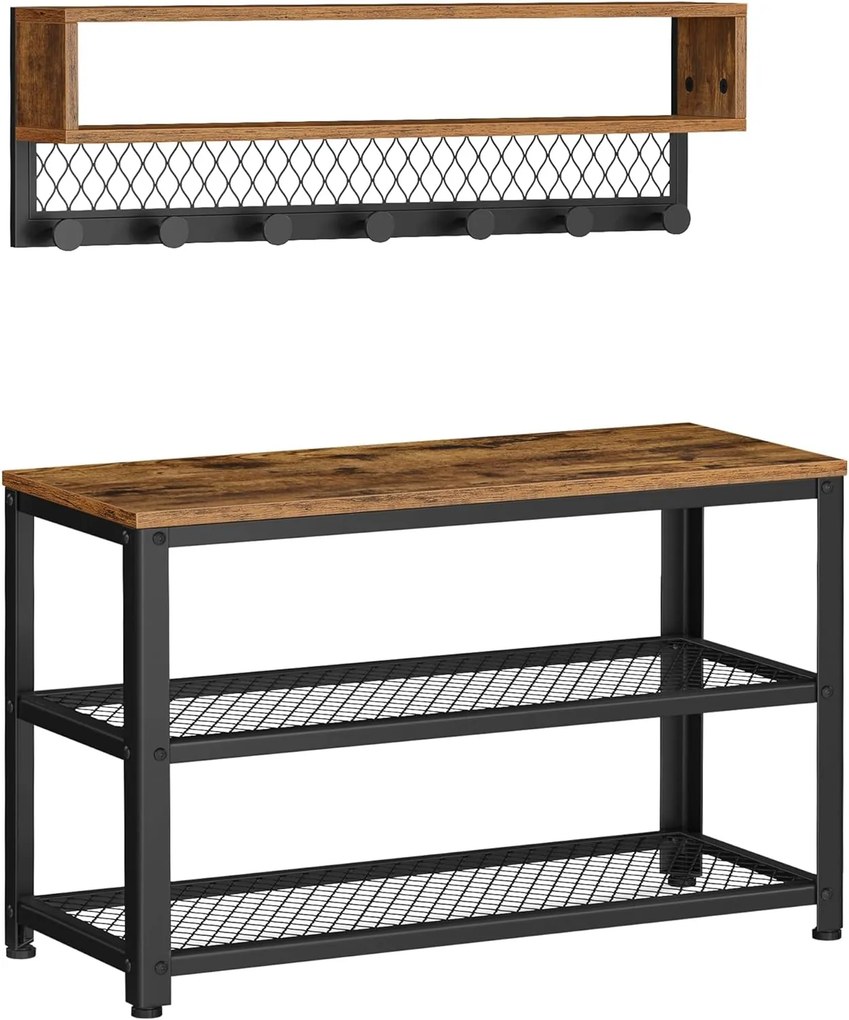 Conjunto cabideiro com banco para entrada em estilo industrial | VASAGLE | 73 x 30 x 45,5 cm | castanho rústico | LCR073K01.