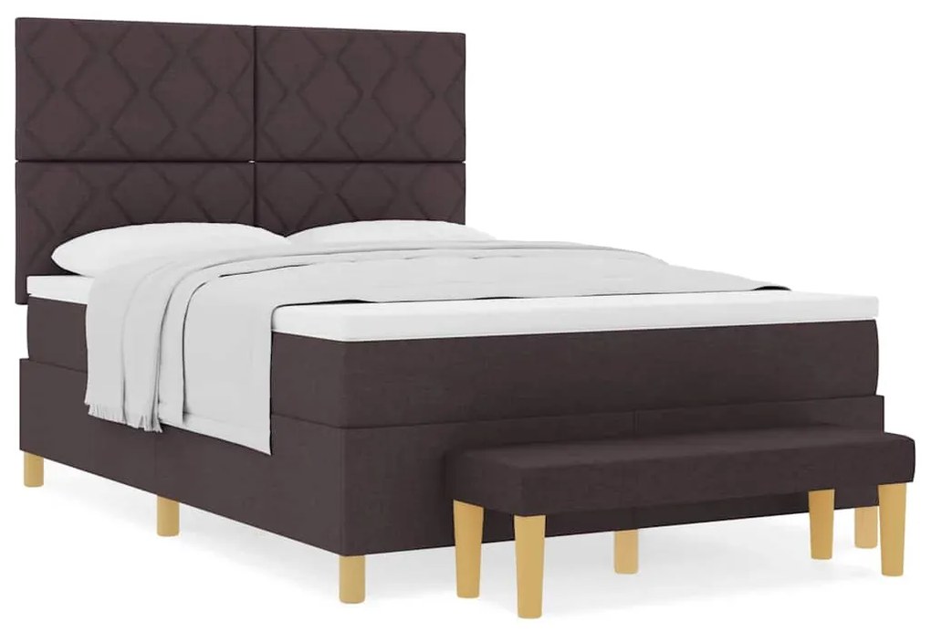 Cama Box Spring com Colchão &amp; Banco Castanho Escuro 140x200 cm Tecido