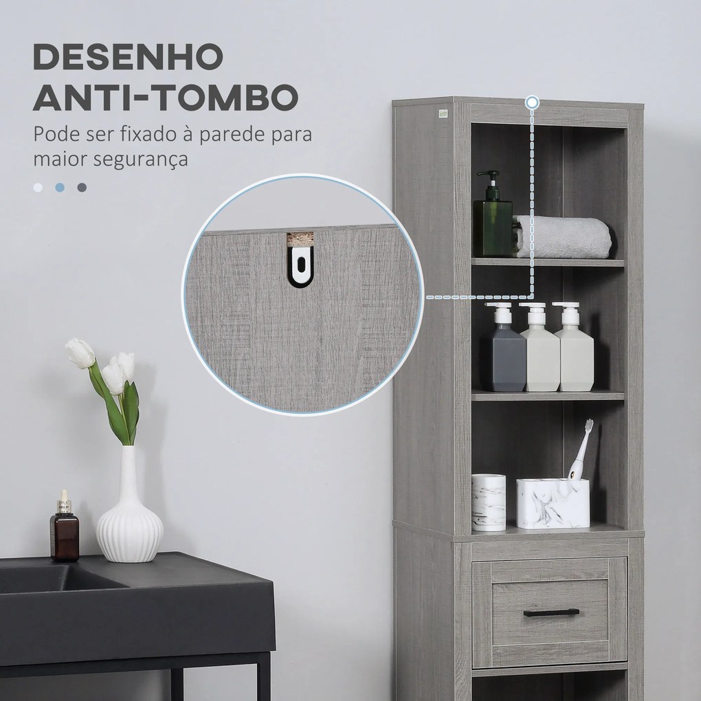 kleankin Coluna Casa de Banho com 1 Gaveta e Prateleiras Abertas Móvel Auxiliar de Armazenamento para Sala de Estar Dormitório Anti-Tombo 42x30x170cm Cinza