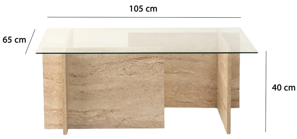 Mesa de Centro em Vidro e Travertino – New Escape – 105x65x40 cm