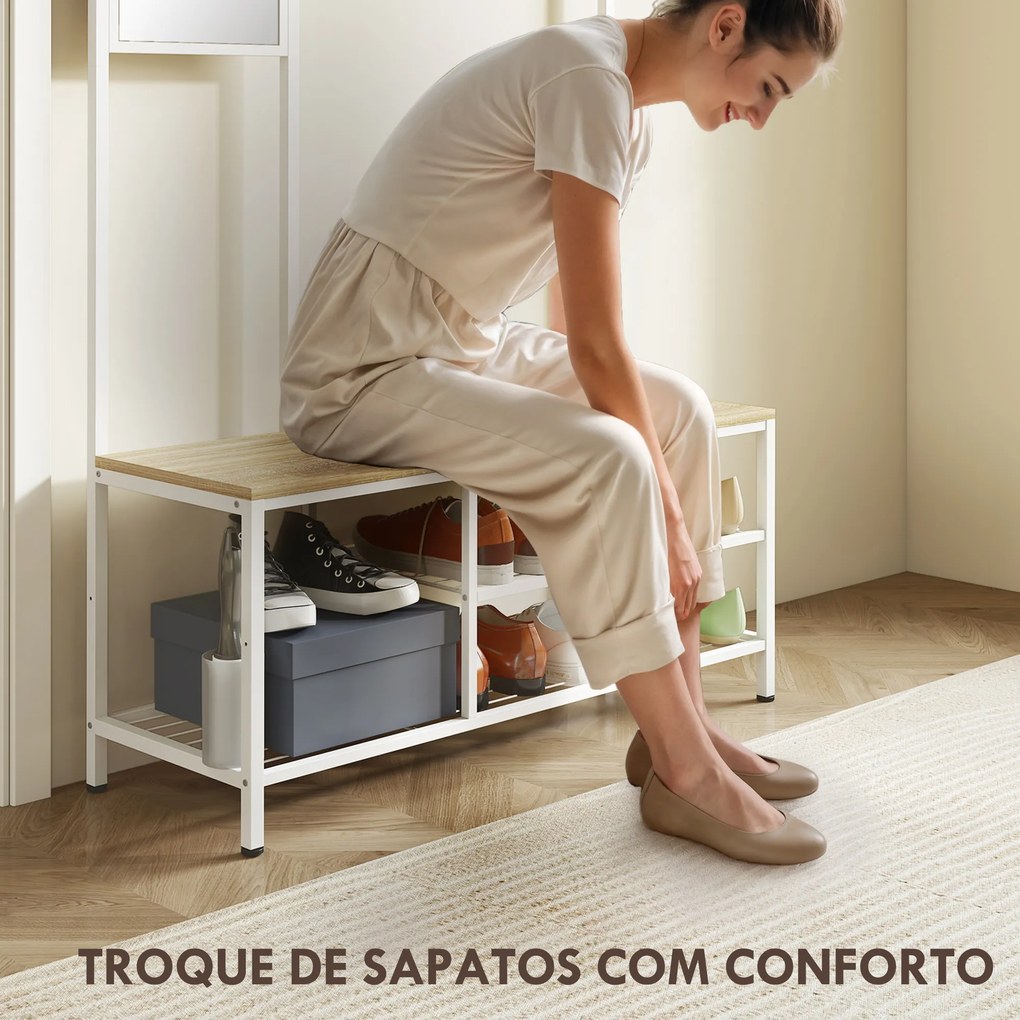 Móvel Cabide de Entrada com Espelho e Sapateira 4 em 1 com 3 Prateleiras Banco 10 Ganchos 98x34x186 cm Madeira