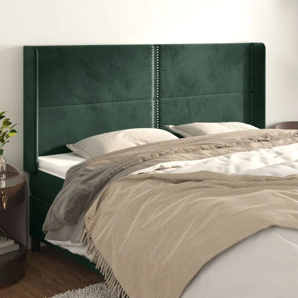 Cabeceira cama c/ abas veludo 203x16x118/128 cm verde-escuro