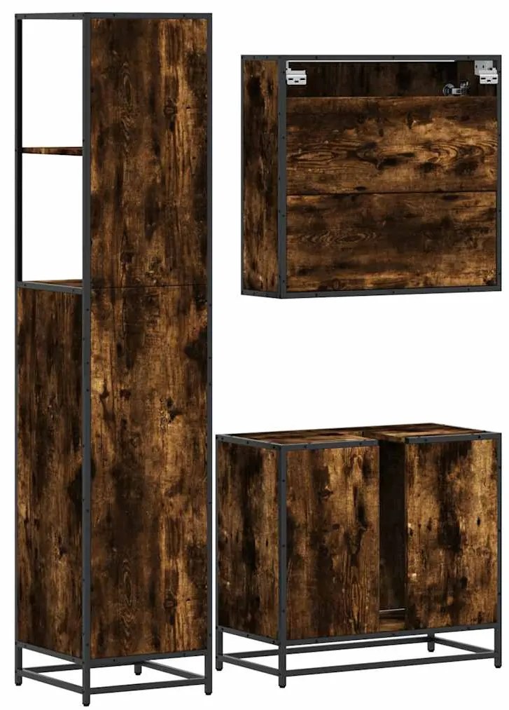 3 pcs conjunto de móveis WC madeira processada carvalho fumado