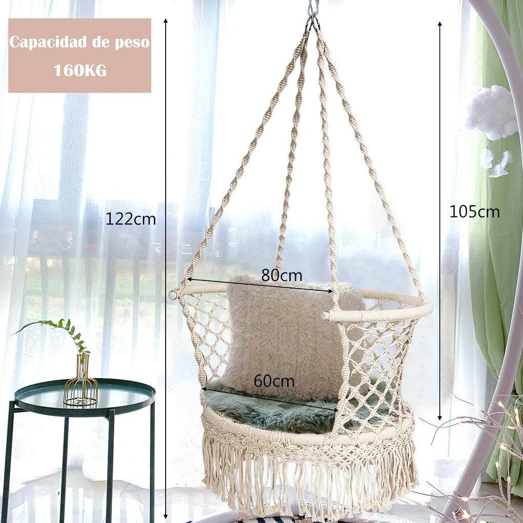 Cadeira Baloiço Hammock com Cordas e borlas de algodão de assento Interior e Exterior Pátio Jardim Branco Até 160 kg