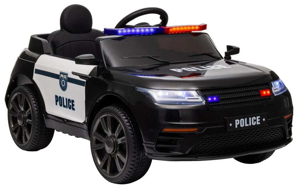 AIYAPLAY Carro Elétrico de Policia para Crianças com Bateria 12V Controlo Remoto Farol Buzina Sirene e Música 112x66x50 cm Preto
