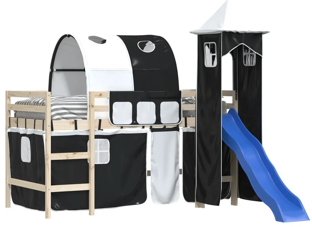 Cortinas para cama elevada com túnel e torre branco e preto
