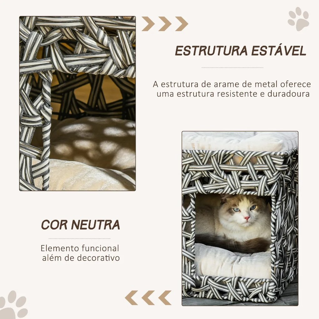 Cesta de Vime para Gatos de 2 Níveis Cama Caverna de Gatos com 2 Almofadas Suaves Estrutura de Metal 51x42x37cm Cinza e Bege