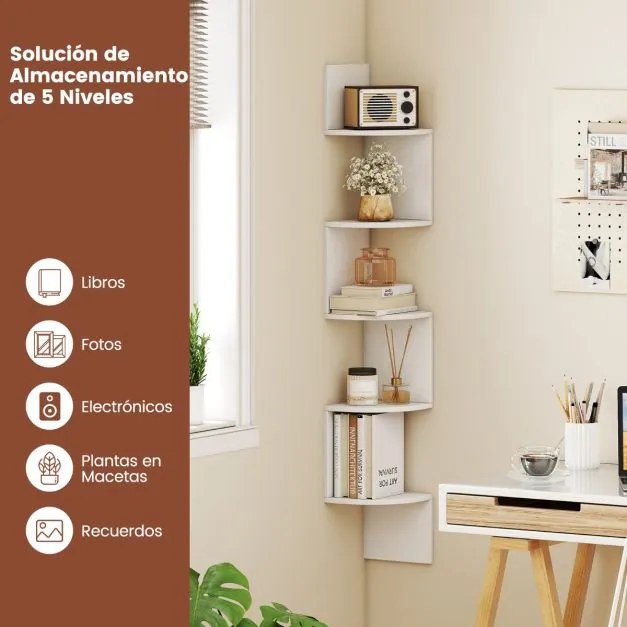 Estante de canto 20 x 20 x 126 cm de 5 níveis Organizador de armazenamento montado na parede para sala, quarto e cozinha Branco