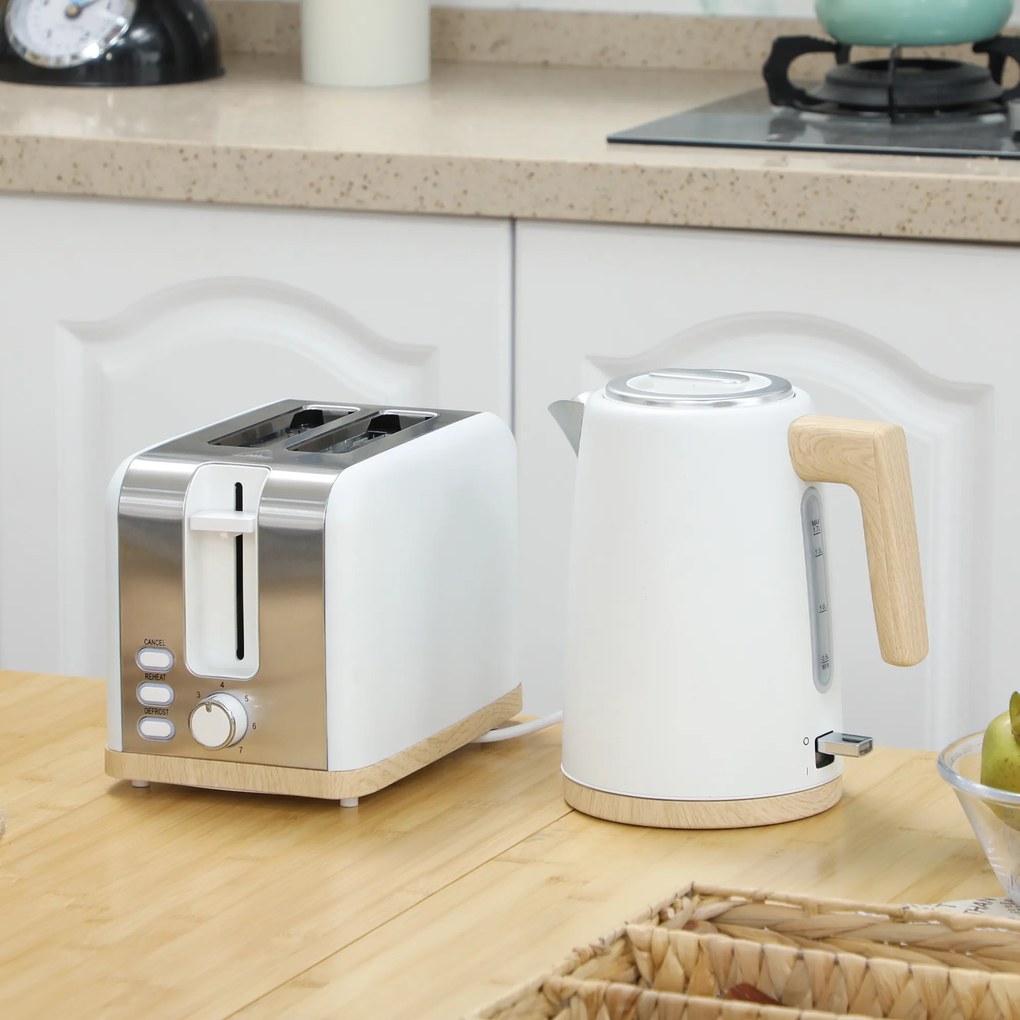 Conjunto de chaleira e torradeira, 1,7 L, 2200 W, torradeira para 2 fatias com 7 níveis de torragem, branco