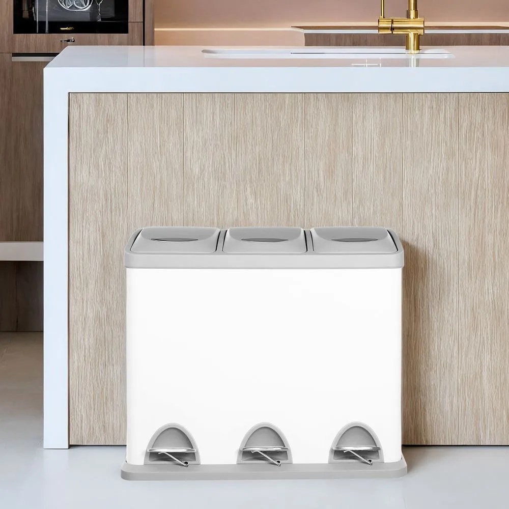 Caixote do lixo para cozinha 3 compartimentos x 8 L, 47 x 28,3 x 39,5 cm branco + cinzento