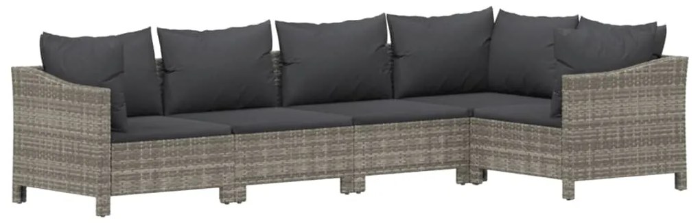 5 pcs conjunto lounge de jardim c/ almofadões vime PE cinzento
