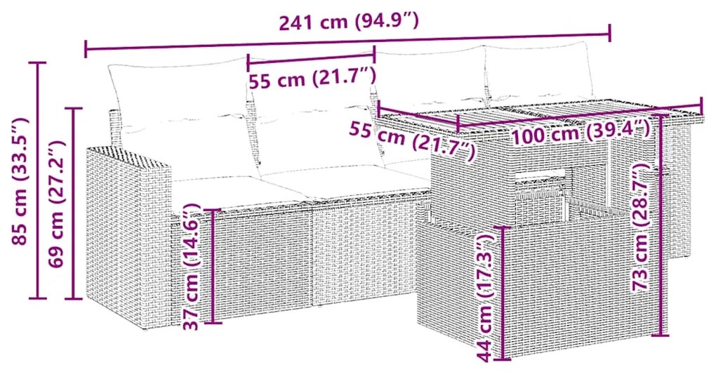 5 pcs conjunto de sofás p/ jardim com almofadões vime PE bege