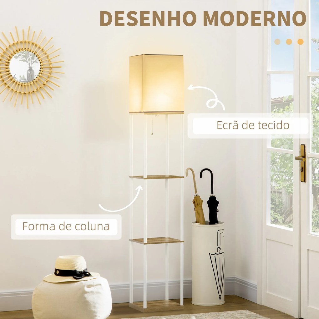 Candeeiro de Pé Moderno com Prateleiras Candeeiro de Pé para Sala de Estar Lâmpada E27 Máx. 40W com Ecrã de Tecido e Interruptor de Pé para Dormitório