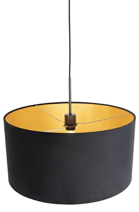 Candeeiro de suspensão com cúpula de veludo preto com 50 cm dourado - Combi Clássico / Antigo