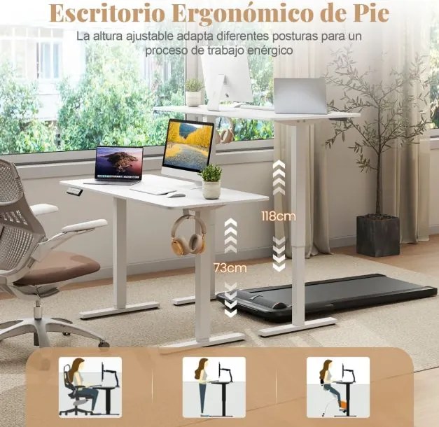 Secretária elétrica ergonómica 120 x 60 x 73-118 cm com 3 ajustes de memória e proteção anticolisão branca