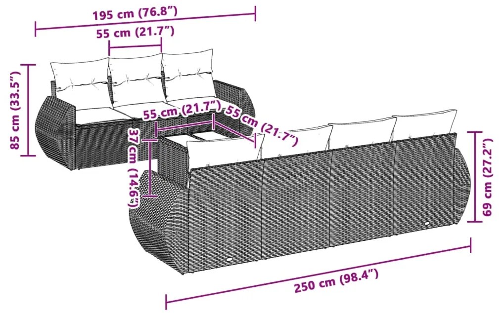 8 pcs conj. sofás jardim c/ almofadões vime PE cinzento-claro