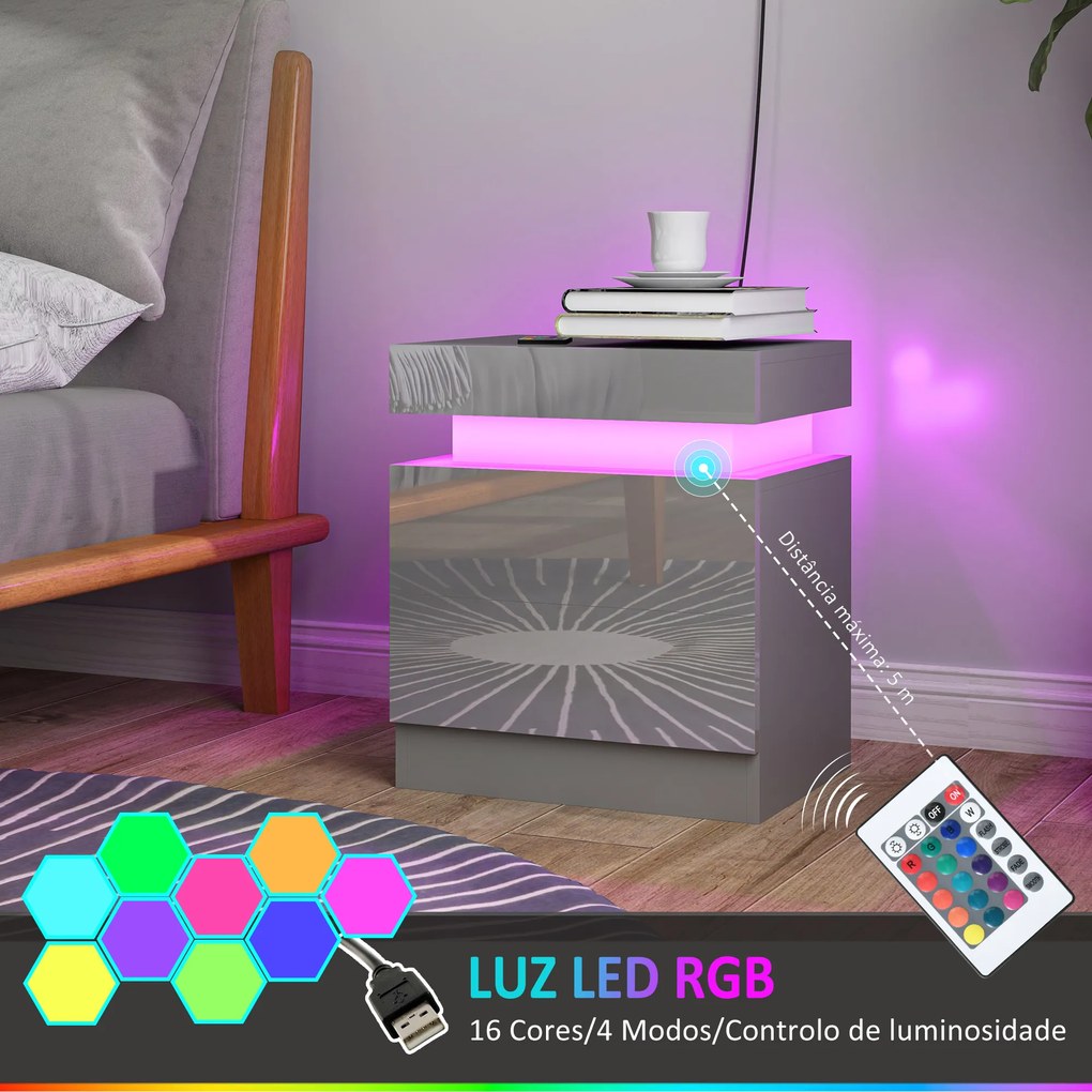 Mesa de Cabeceira com Luz LED Painel de Alto Brilho 2 Gavetas e Controlo Remoto para Dormitório 45x35x52 cm Cinzento