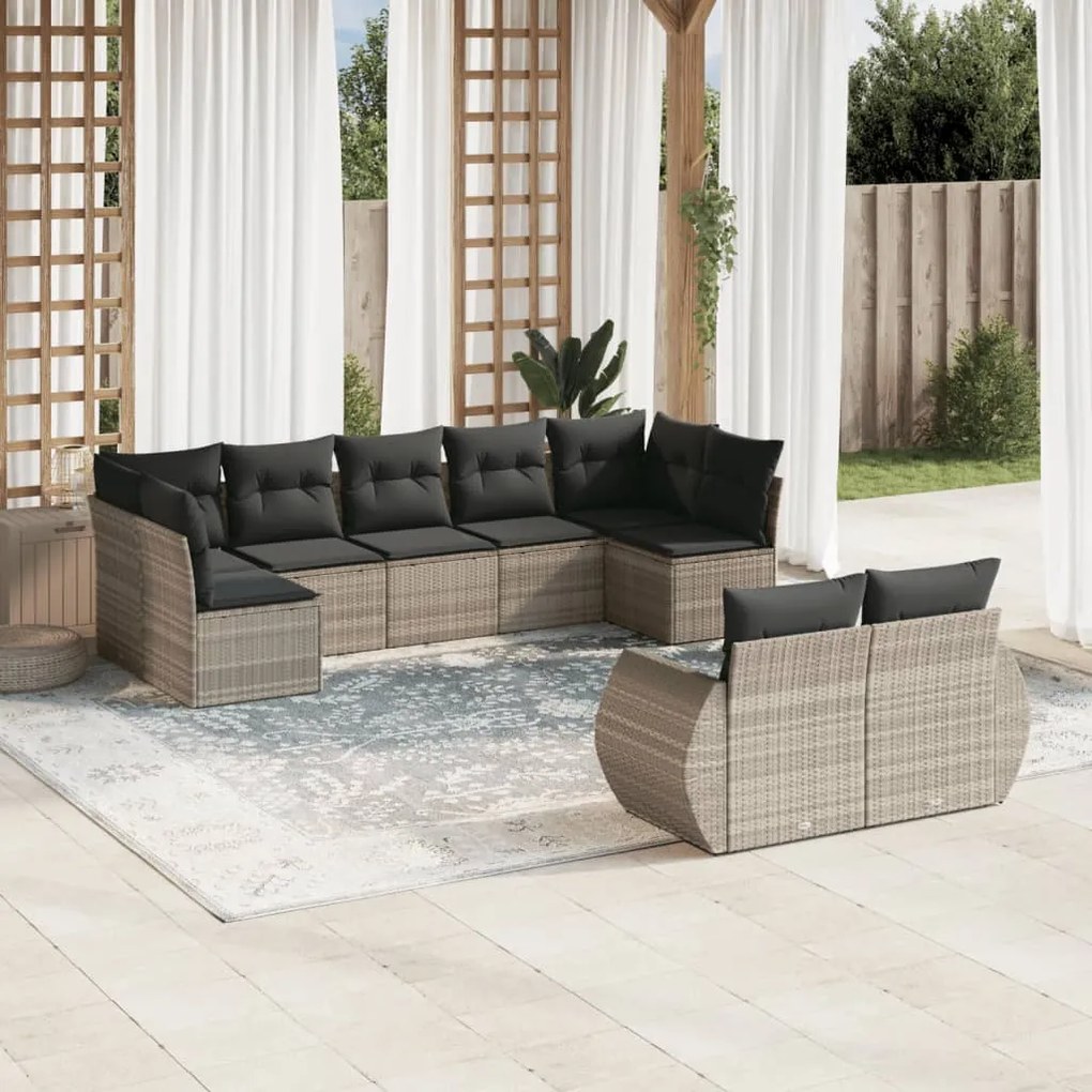 vidaXL 9 pcs conj. sofás jardim com almofadões vime PE cinzento-claro