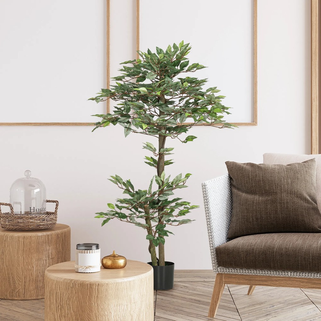 Planta Artificial Ficus 150 cm Planta Artificial com 1008 Folhas Musgo e Vaso para Exterior Casa Sala de Estar Escritório Verde