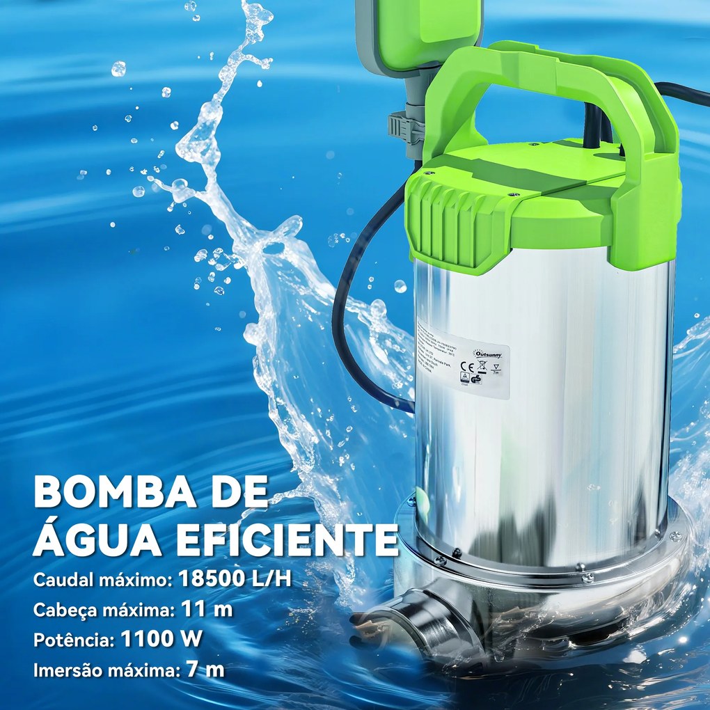 Bomba Submersível de Águas Residuais 1100W com Capacidade de 18000 l/h e Interruptor de Flutuador 16x15x40 cm Prata