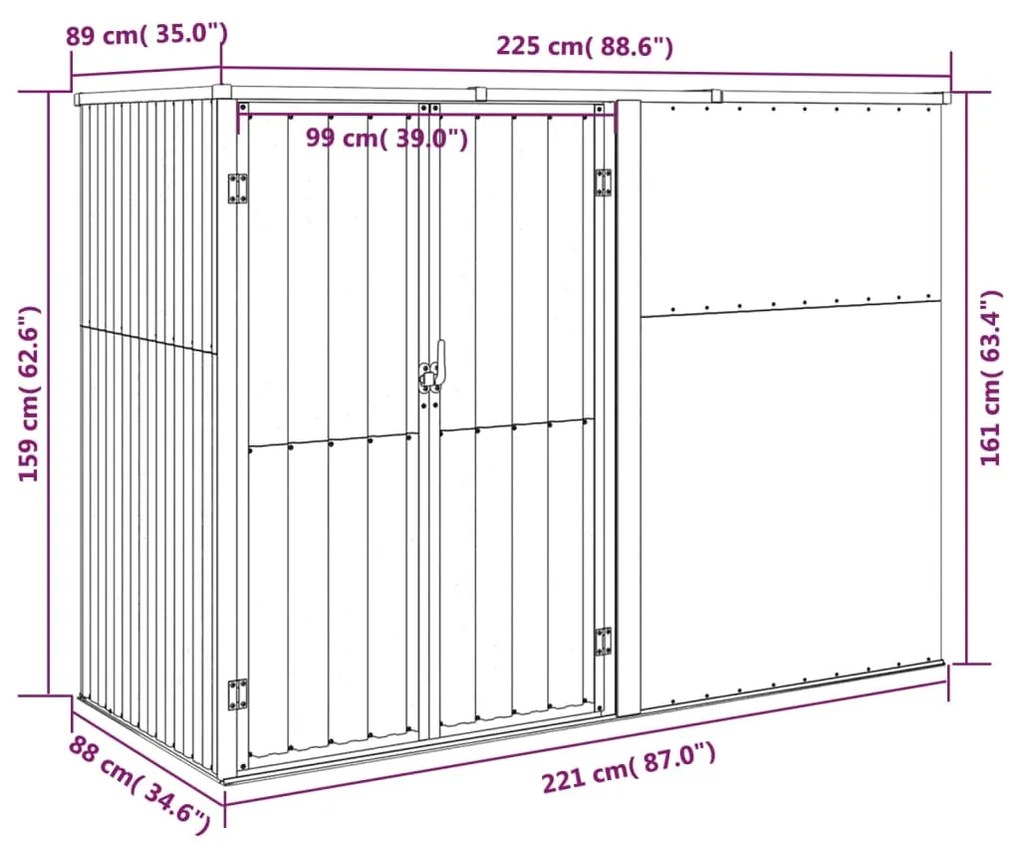 Abrigo ferramentas jardim 225x89x161 cm aço antracite