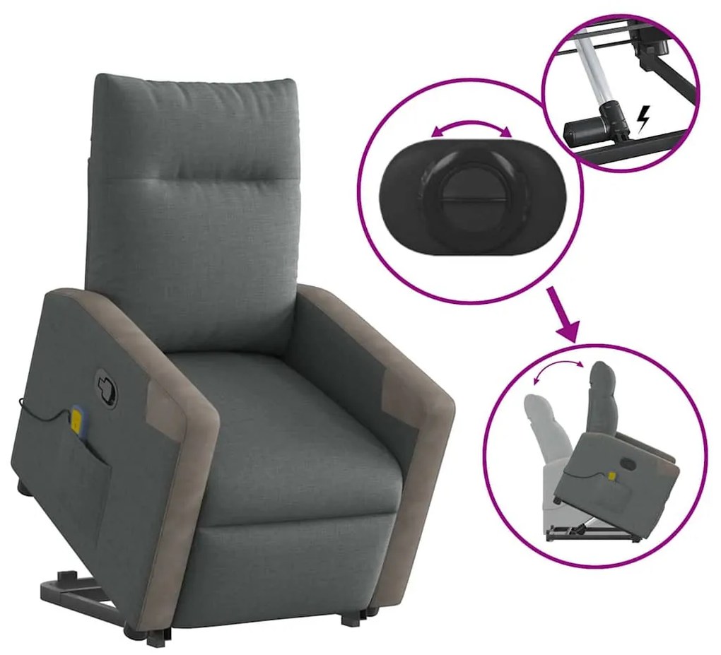 Poltrona elevatória de massagens tecido cinzento-escuro