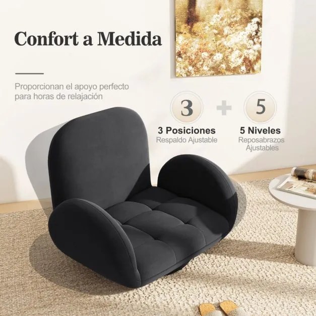 Poltrona de chão giratória com esponja Cadeira dobrável para jogos com encosto e apoios de braços ajustáveis Poltrona sofá reclinável preta