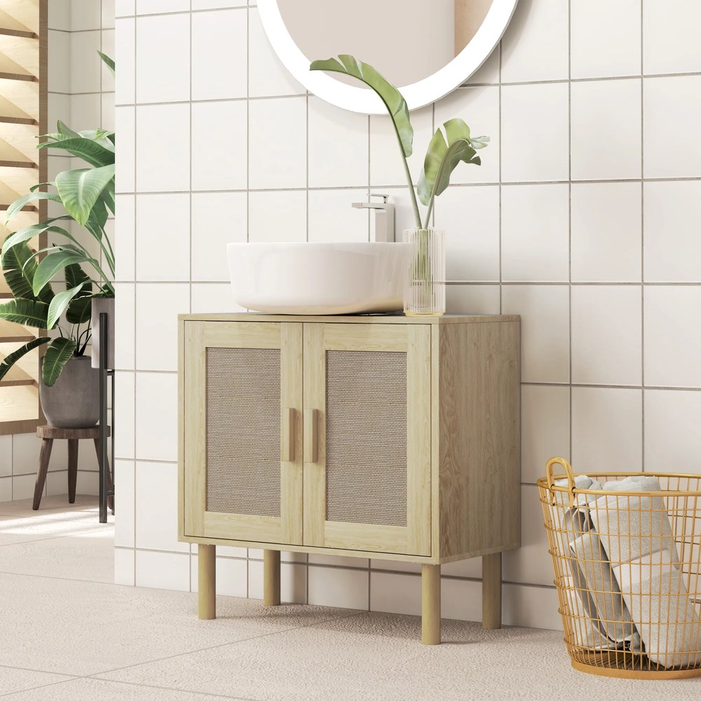 Móvel de casa de banho 60 x 30 x 60 cm para lavatório (NÃO INCLUIDO), com portas em rattan e pés em madeira de pinho, 2 prateleiras, em cor carvalho
