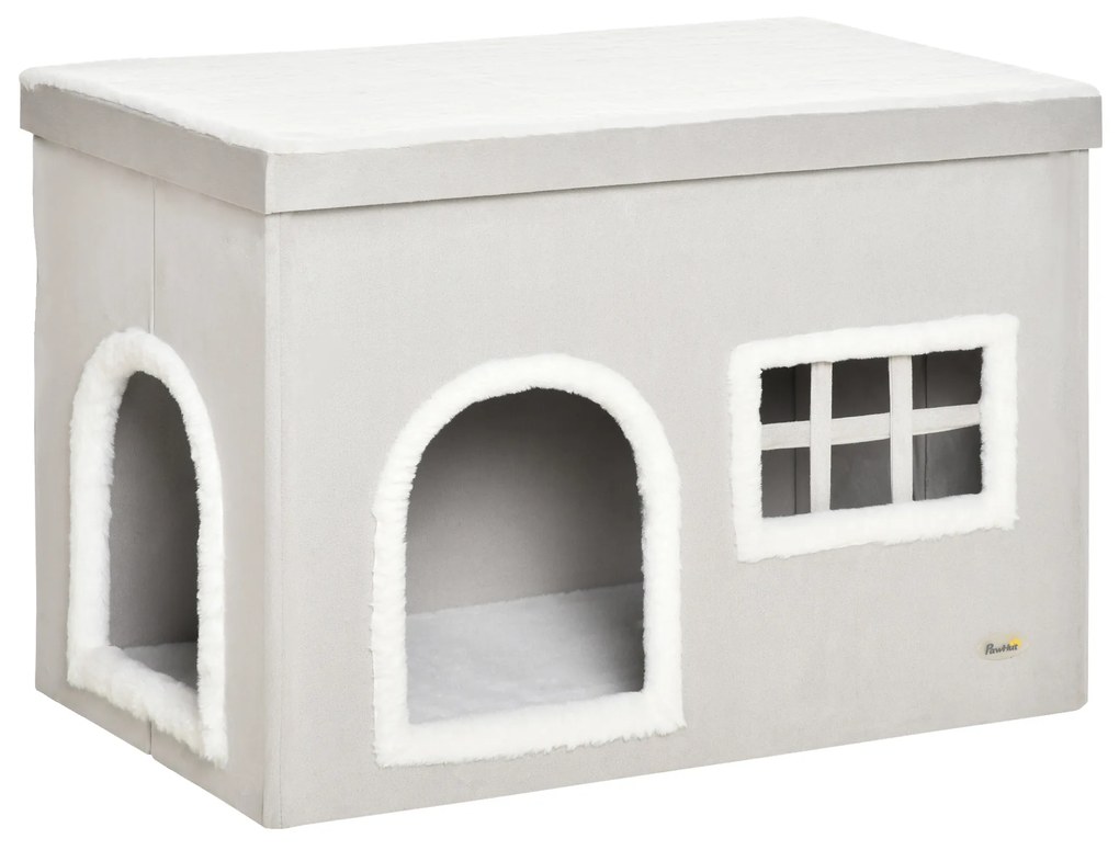 Casa Dobrável para Gatos Caverna para Gatos com Almofadas de Pelúcia Suave Tampa Removível 2 Entradas e Janela 71x42x49cm Cinza Claro