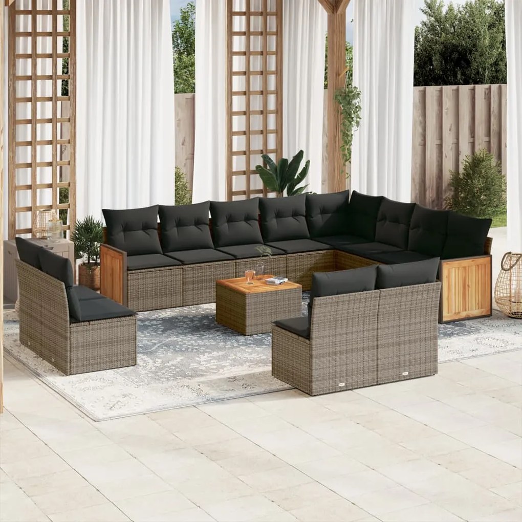 13 pcs conjunto sofás p/ jardim c/ almofadões vime PE cinzento
