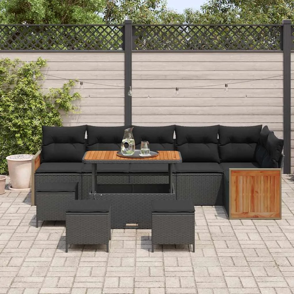 Conjunto de Sofá de Jardim de 10 Peças com Almofadas Preto Vime Sintét
