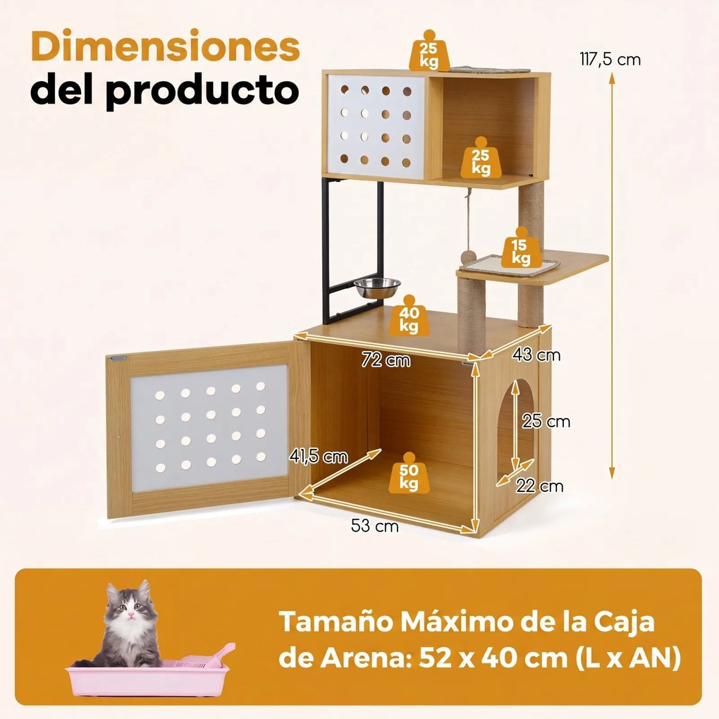 Arranhador para gatos 3 em 1 com vários níveis 72 x 43 x 117,5 cm, postes de sisal, condomínio, zona de refeições, bola suspensa, recinto e caixa de