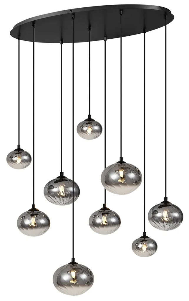 Candeeiro suspenso moderno preto com vidro fumado 9 luzes - Jia Moderno
