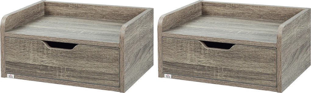 Conjunto de 2 mesas de cabeceira de parede, suspensas, com gaveta e tampo com acabamento em madeira; 40 x 30 x 19,5 cm – cinzento
