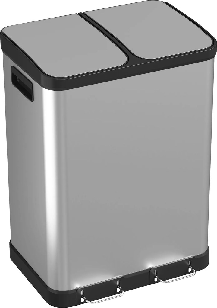 Caixote do lixo de cozinha 48,8 L x 39,5 l x 67 A cm com dois compartimentos de 2 x 30 L, com pedal em aço inoxidável e tampa com fecho suave, pratead
