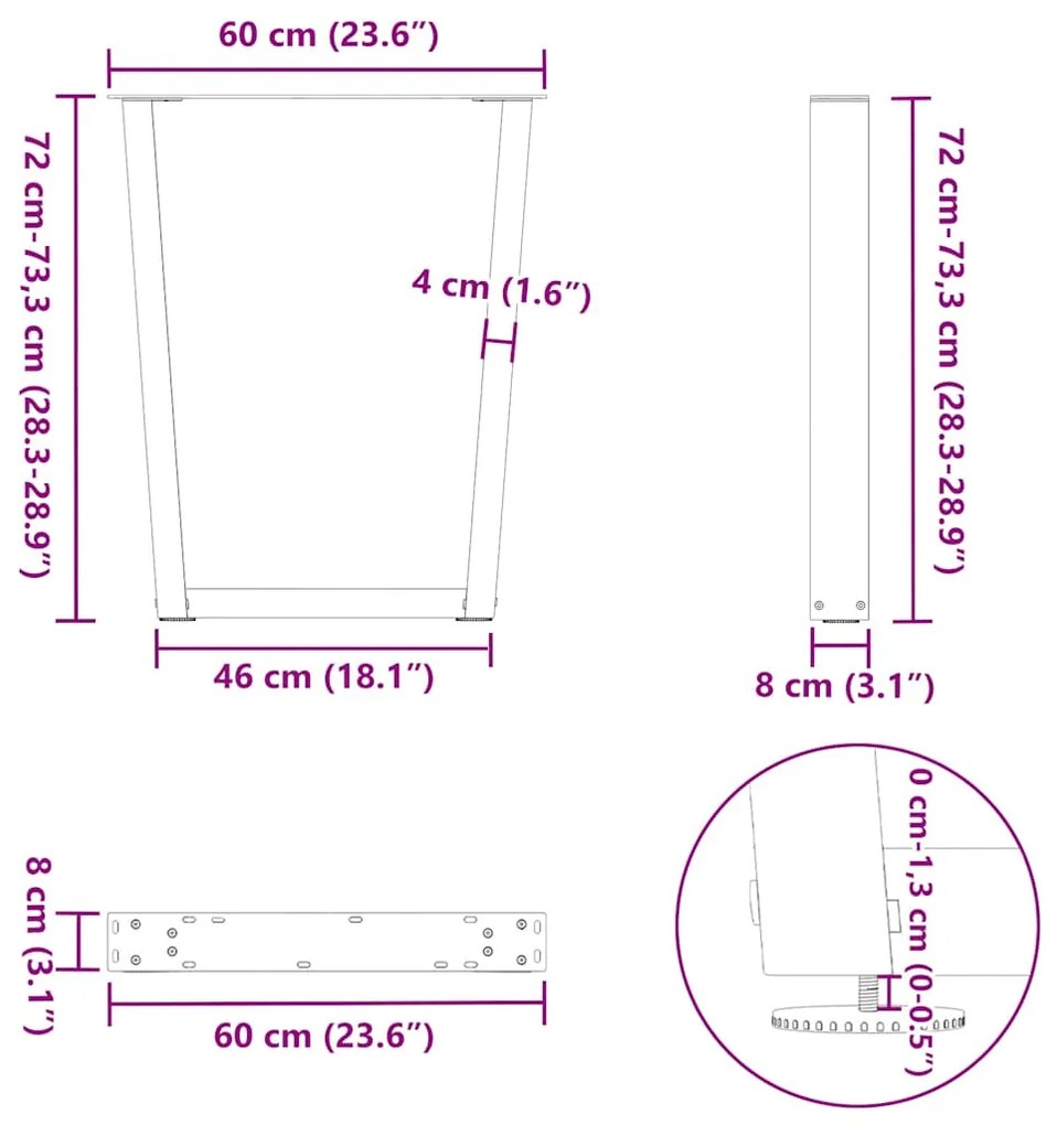 Mesa de jantar pernas 2pcs forma de V 60x(72-73,3)cm aço branco