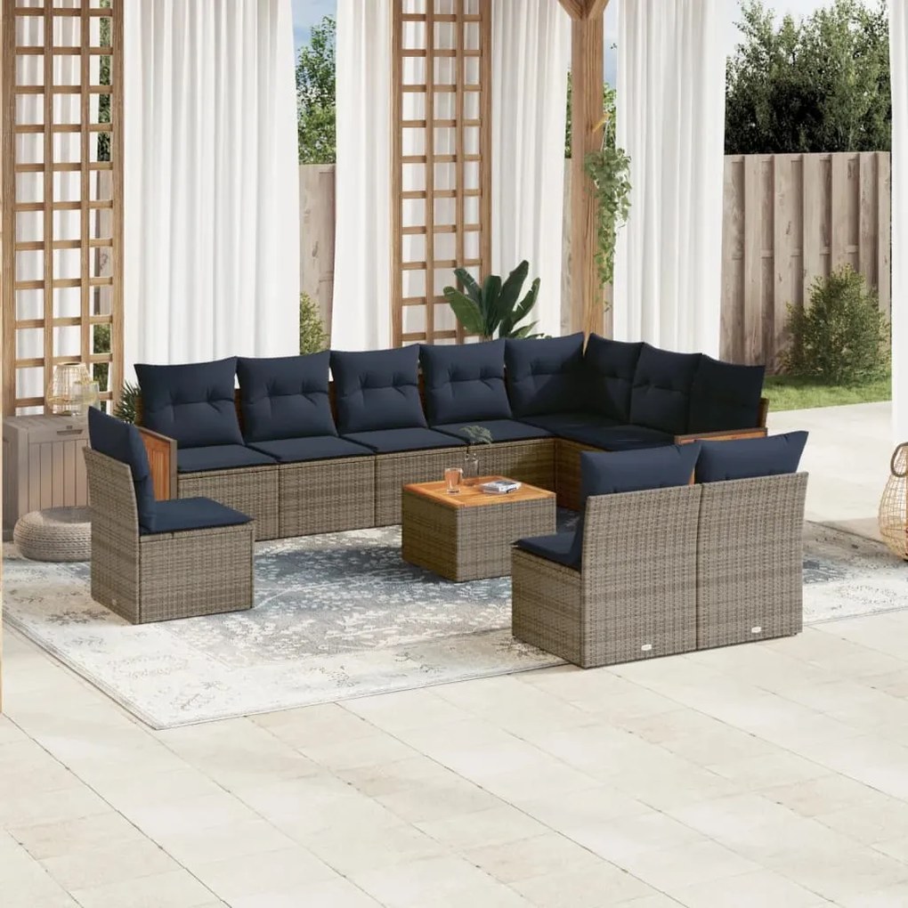 vidaXL 11 pcs conjunto sofás de jardim c/ almofadões vime PE cinzento