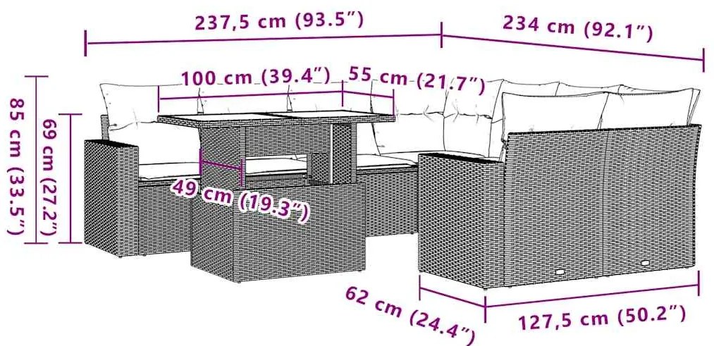 9 pcs conjunto de sofás p/ jardim com almofadões vime PE bege