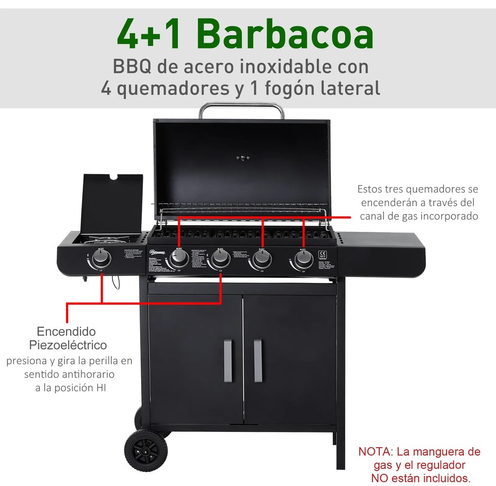 Outsunny Barbecue a Gás com 4+1 Queimadores 14,4KW Mesas Laterais Armário de Armazenamento Termômetro e 2 Rodas Aço Inoxidável 125x51x100cm Preto