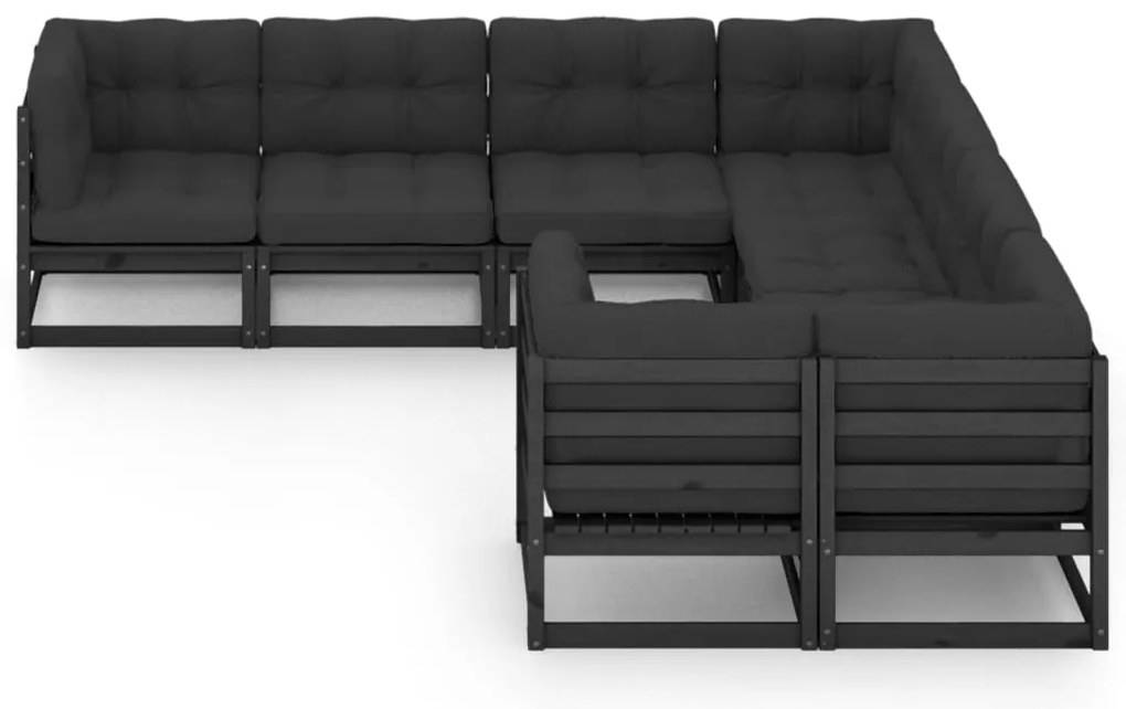 8pcs conjunto longue de jardim c/ almofadões pinho maciço preto