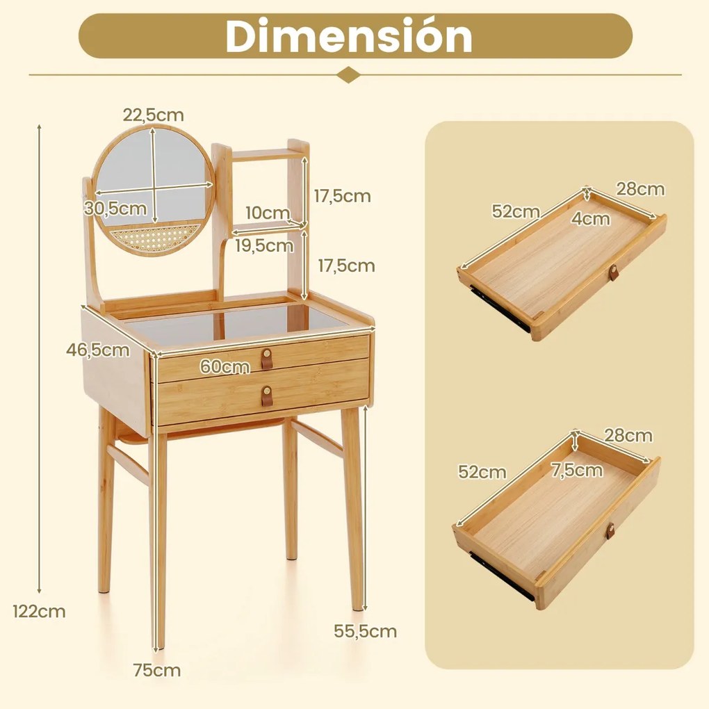 Toucador pequeno com espelho para maquilhagem 60 cm x 46,5 cm x 122 cm com 2 gavetas e prateleiras abertas Natural