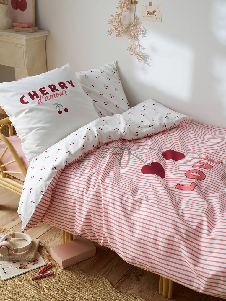 Conjunto de capa de edredão e fronha CERISES RAYURES com algodão reciclado  riscas vermelho