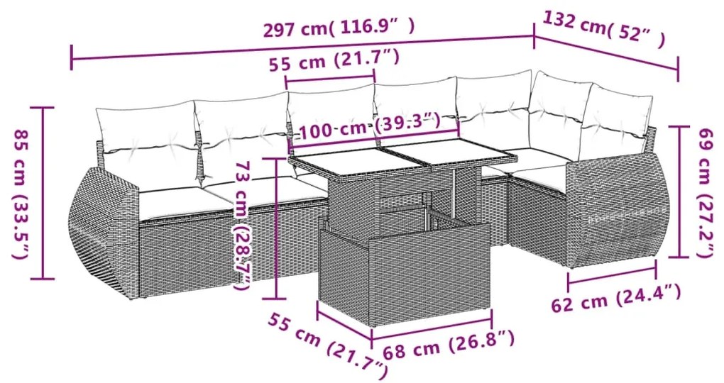 7 pcs conjunto sofás p/ jardim c/ almofadões vime PE cinzento